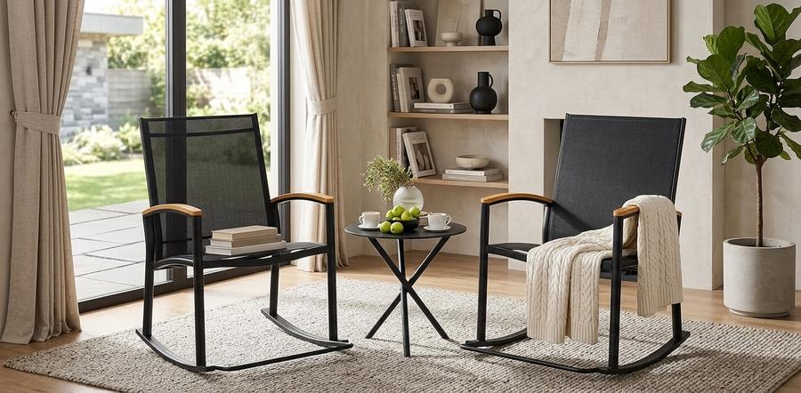 Rocking bistro set on a sunlit porch