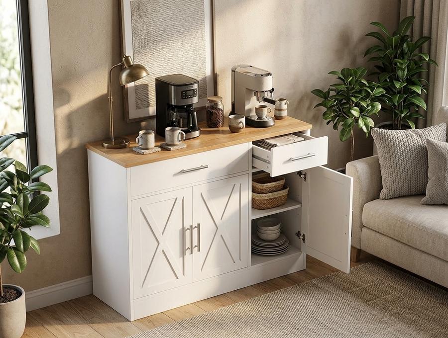 Farmhouse sideboard in a cozy kitchen