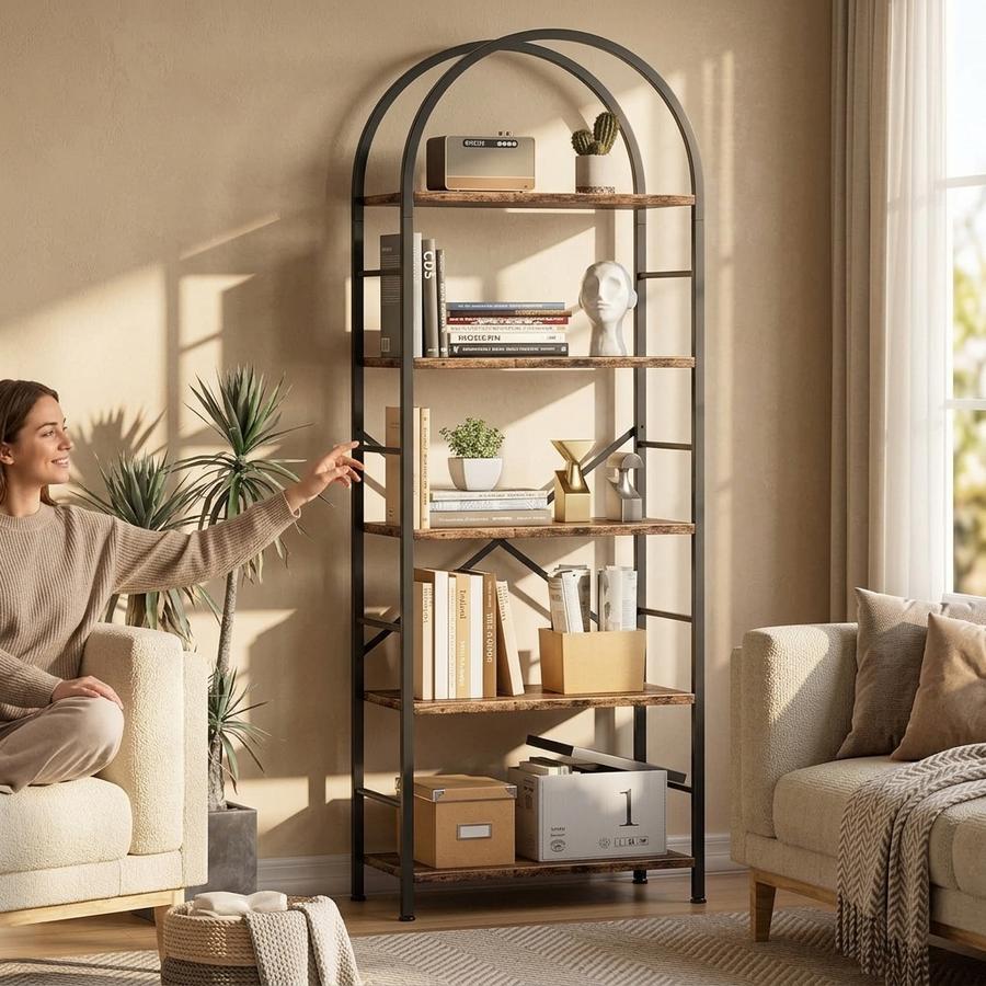 Arched bookshelf in a modern living room