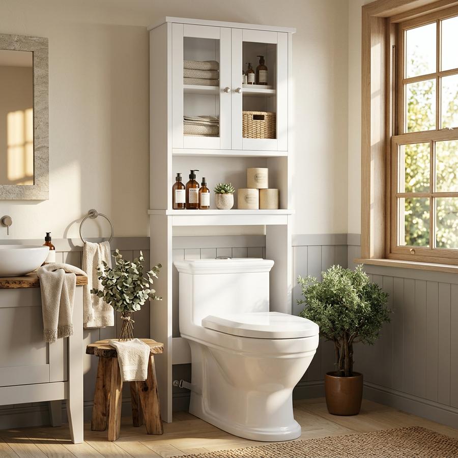Over-toilet storage in a clean bathroom